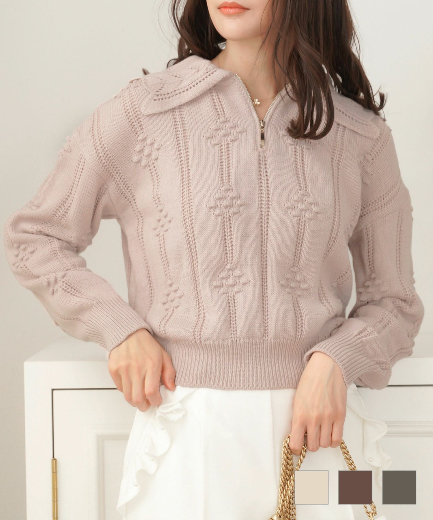 フラワー柄 スカラップ ハーフジップ ニット le reve vaniller 全5色