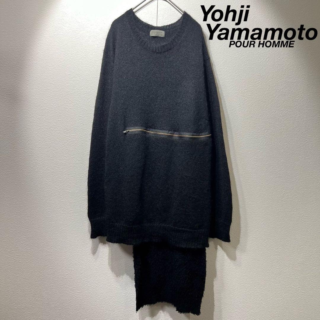 希少 美品 ヨウジヤマモトプールオム 上質 モヘア ドッキング ジップ ニット Yohji Yamamoto POUR HOMME モヘア×アルパカ×ウールタートルロング